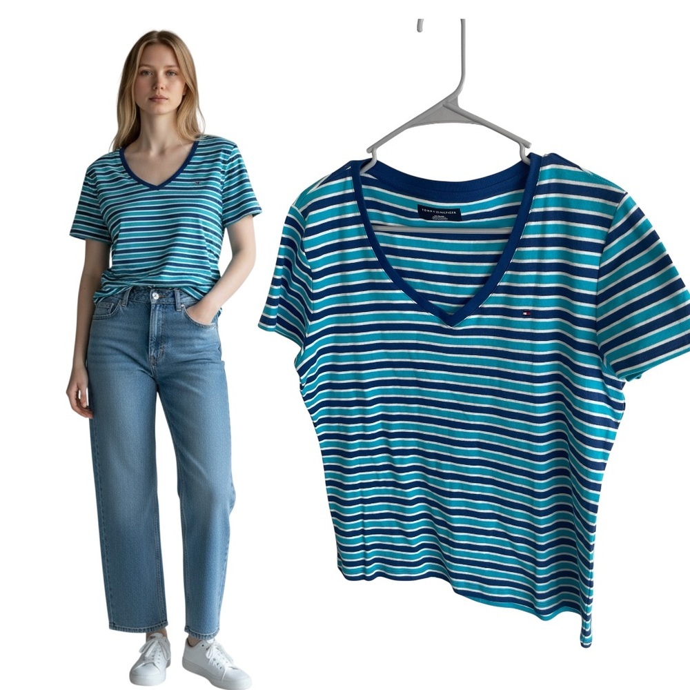 Tommy Hilfiger Striped V-Neck Tee Blue Teal Cotton Preppy Coastal Y2K Medium
